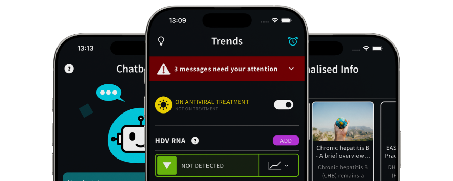 HepB & Me app showing chatbot, health trends and personalised information